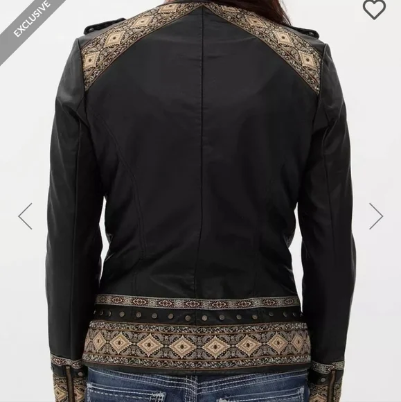 Buckle Black Fitted Faux Leather Brass Accent Embroidered Jacket size Small - Picture 9 of 9